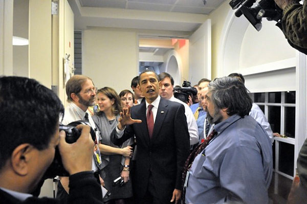 President Obama takes an impromtu tour of the press area just after taking office in 2009 (Getty Images)