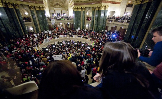 Demonstrators converge once again on the Capitol after the state Senate abruptly voted Wednesday night to eliminate collective bargaining provisions. The Assembly is expected to vote on the issue Thursday.