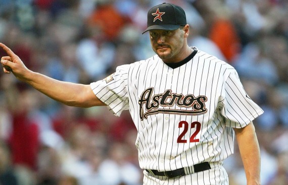 Houston Astros veteran pitcher Roger Clemens takes a question at a