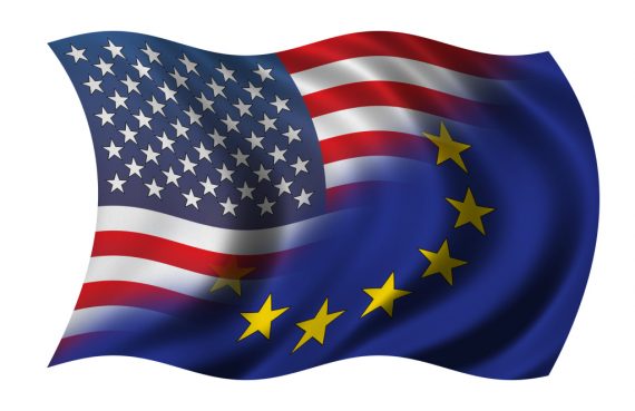Half american - Half european flag waving in the wind - clipping path included