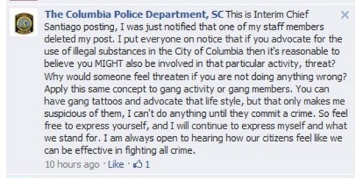 South Carolina Police Chief Threatens Citizen Over Facebook Comment Opposing Drug War
