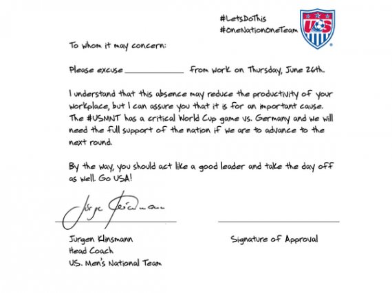 World Cup Klinsmann Excuse Letter