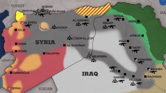 FRANCE 24 | Screen grab of map showing areas controlled by the Islamic State group in Syria and Iraq 14 October 2014