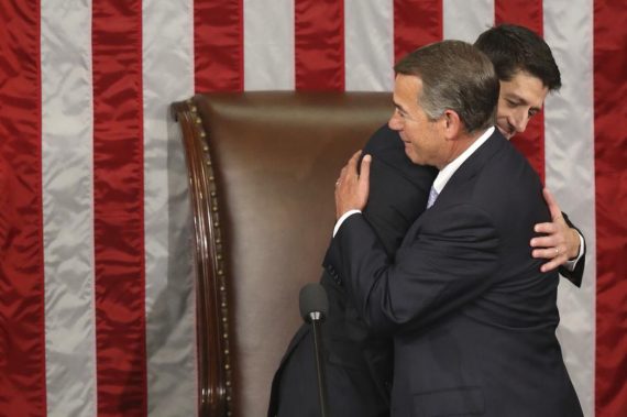 Outgoing House Speaker John Boehner hugs his successor Rep. Paul Ryan, R-Wis. in the House Chamber on Capitol Hill in Washington, Thursday, Oct. 29, 2015. Republicans rallied behind Ryan to elect him the House's 54th speaker on Thursday as a splintered GOP turned to the youthful but battle-tested lawmaker to mend its self-inflicted wounds and craft a conservative message to woo voters in next year's elections. (AP Photo/Andrew Harnik)