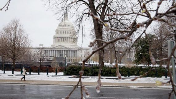 Snow and ice cover early blooms on trees near the US Capitol in Washington, DC March 14, 2017 Winter Storm Stella dumped snow and sleet Tuesday across the northeastern United States where thousands of flights were canceled and schools closed, but appeared less severe than initially forecast. After daybreak the National Weather Service (NWS) revised down its predicted snow accumulation, saying that the storm had moved across the coast. / AFP PHOTO / Tasos Katopodis (Photo credit should read TASOS KATOPODIS/AFP/Getty Images)