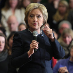 Former Secretary of State Hillary Clinton speaking with supporters at a town hall meeting at Hillside Middle School in Manchester, New Hampshire. January 22, 2016.