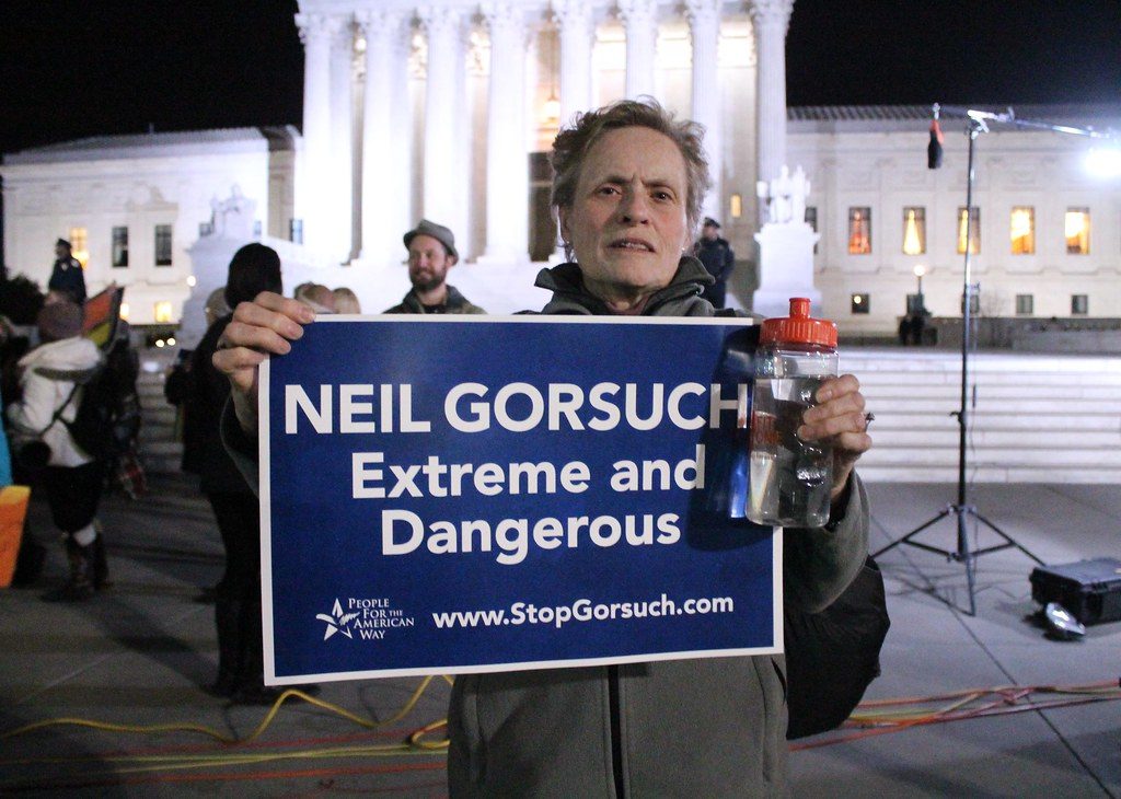 People For The American Way STOP GORSUCH FOR SUPREME COURT JUSTICE RALLY in front of the United States Supreme Court on First Street, NE, Washington DC on Tuesday night, 31 January 2017 by Elvert Barnes Protest Photography