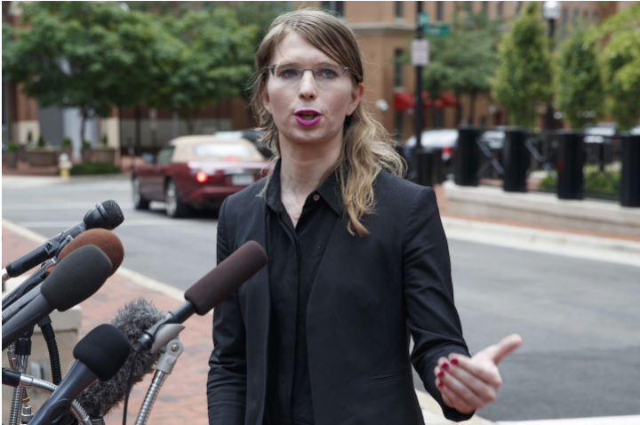 Chelsea Manning speaks at the Albert V. Bryan United States Courthouse in Alexandria on May 16. (Shawn Thew/EPA-EFE/Shutterstock)