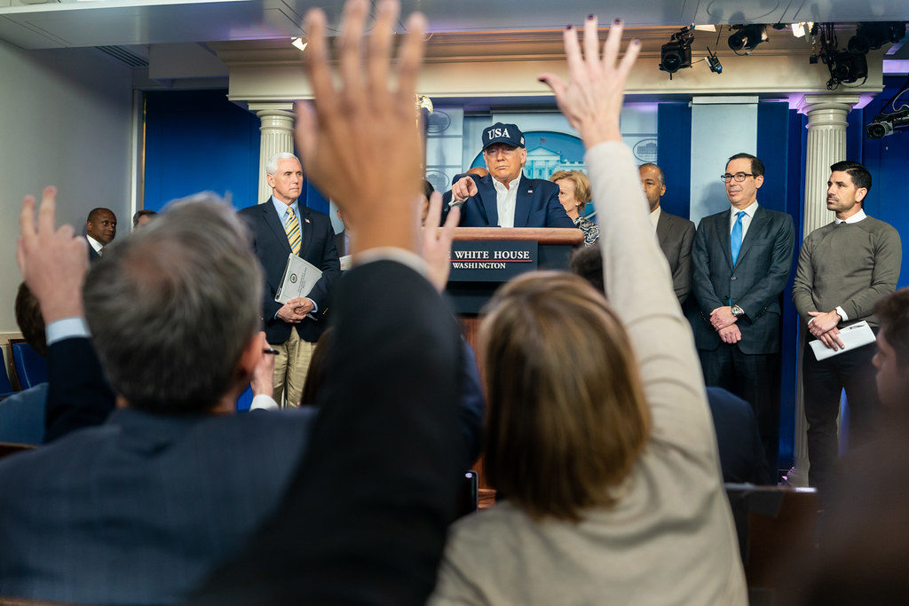 President Donald J. Trump, joined by Vice President Mike Pence and members of the White House Coronavirus Task Force, takes questions from the press at a coronavirus update briefing Saturday, March 14, 2020, in the James S. Brady Press Briefing Room of the White House. (Official White House Photo by Shealah Craighead)
