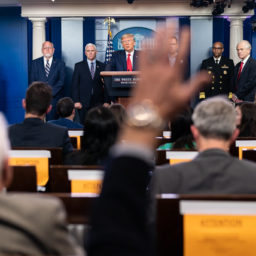 President Donald J. Trump listens to a reporter’s question during the coronavirus (COVID-19) update briefing Sunday, March 22, 2020, in the James S. Brady Press Briefing Room of the White House. (Official White House Photo by Andrea Hanks)