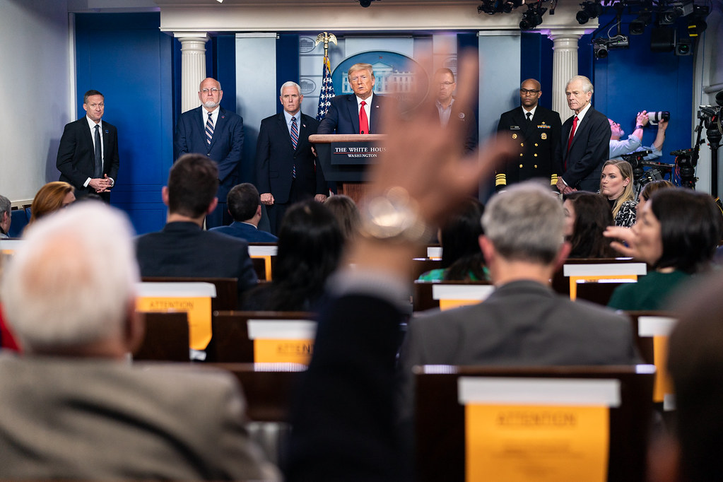 President Donald J. Trump listens to a reporter's question during the coronavirus (COVID-19) update briefing Sunday, March 22, 2020, in the James S. Brady Press Briefing Room of the White House. (Official White House Photo by Andrea Hanks)