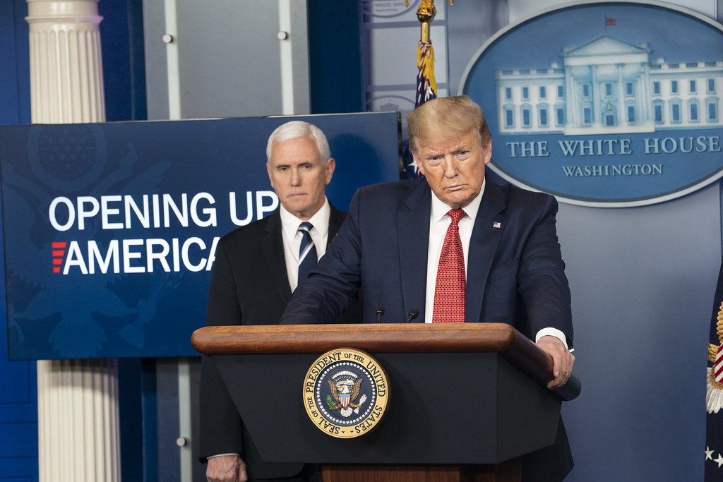 White House Coronavirus Update Briefing President Donald J. Trump, joined by Vice President Mike Pence and members of the White House COVID-19 Coronavirus task force, delivers remarks and answers questions from members of the press during a coronavirus update briefing Thursday, April 16, 2020, in the James S. Brady White House Press Briefing Room. (Official White House Photo by Joyce N. Boghosian)