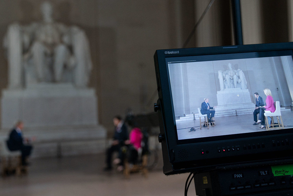 President Donald J. Trump participates in a FOX News Channel virtual town hall entitled America Together: Returning to Work, with co-moderators Bret Baier and Martha MacCallum live from the Lincoln Memorial Sunday, May 3, 2020, in Washington, D.C. (Official White House Photo by Shealah Craighead)