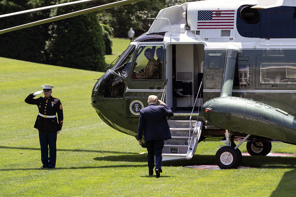 President Trump Departs for Florida President Donald J. Trump salutes as he boards Marine One on the South Lawn of White House en route to Joint Base Andrews Md. Saturday, May 30, 2020, for his trip to Cape Canaveral, Fla. (Official White House Photo by Joyce N. Boghosian)