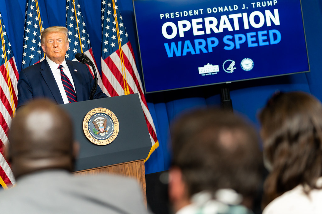 President Trump at the Bioprocess Innovation Center at Fujifilm Diosynth Biotechnologies President Donald J. Trump listens to a reporter's question during a press conference Monday, July 27, 2020, at the Bioprocess Innovation Center at Fujifilm Diosynth Biotechnologies in Morrisville, N.C. (Official White House Photo by Shealah Craighead)