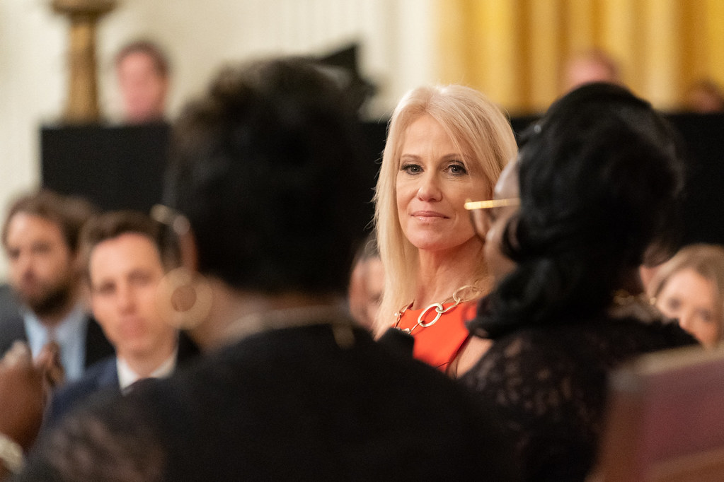 Counselor to the President Kellyanne Conway speaks with social media personalities and live-stream video bloggers Diamond and Silk (Lynette Hardaway and Rochelle Richardson) Thursday, July 11, 2019, during the Presidential Social Media Summit in the East Room of the White House. (Official White House Photo by Andrea Hanks)