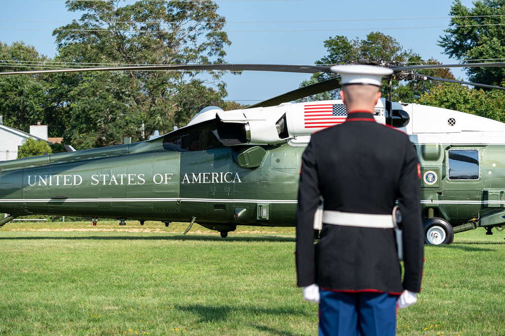 President Donald J. Trump disembarks Marine One Sunday Aug. 9, 2020, at the Elberon Park landing zone in Long Branch, N.J. (Official White House Photo by Shealah Craighead)