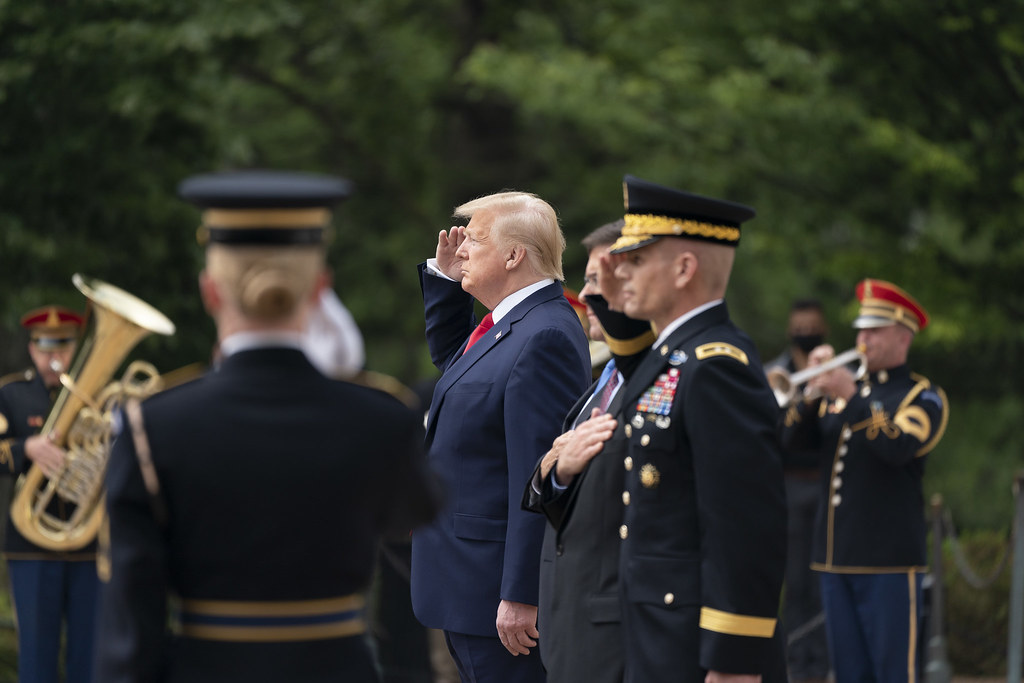 President Donald J. Trump, Vice President Mike Pence, Secretary of Defense Mark Esper and U.S. Army Gen. Omar Jones participate in the Memorial Day wreath-laying ceremony at the Tomb of the Unknown Soldier at Arlington National Cemetery Monday, May 25, 2020, in Arlington, Va. (Official White House Photo by Shealah Craighead)