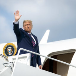 President Donald J. Trump disembarks Marine One at Joint Base Andrews, Md. Friday, Sept. 18, 2020, and is escorted to Air Force One by U.S. Air Force personnel. (Official White House Photo by Tia Dufour)