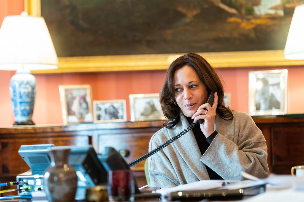 Vice President Kamala Harris talks on the phone with French President Emmanuel Macron Monday, Feb. 15, 2021, at the Blair House in Washington, D.C.