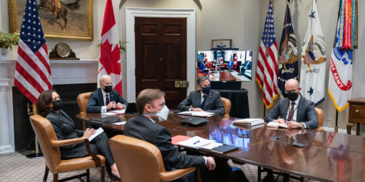 President Joe Biden and Vice President Kamala Harris participate in a virtual bilateral meeting with Canadian Prime Minister Justin Trudeau Tuesday, Feb. 23, 2021, in the Roosevelt Room of the White House. (Official White House Photo by Adam Schultz)