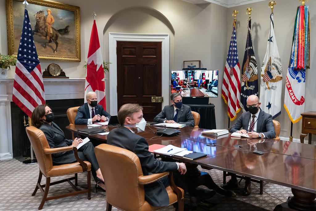 President Joe Biden and Vice President Kamala Harris participate in a virtual bilateral meeting with Canadian Prime Minister Justin Trudeau Tuesday, Feb. 23, 2021, in the Roosevelt Room of the White House. (Official White House Photo by Adam Schultz)