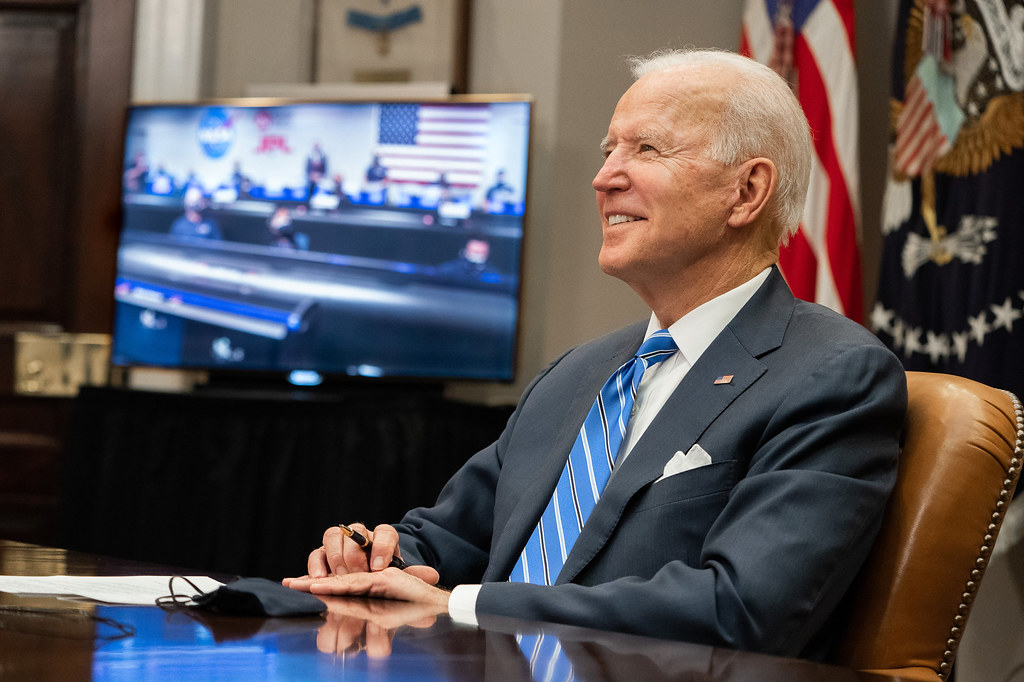 President Joe Biden participates in a virtual call with the NASA Mars 2020 Perseverance Mission team members Thursday, March 4, 2021, in the Roosevelt Room of the White House.