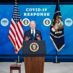 President Joe Biden, joined by Johnson & Johnson CEO Alex Gorsky and Merck CEO Ken Frazier, delivers remarks on COVID-19 vaccine production Wednesday, March 10, 2021, in the South Court Auditorium in the Eisenhower Executive Office Building at the White House. (Official White House Photo by Adam Schultz)