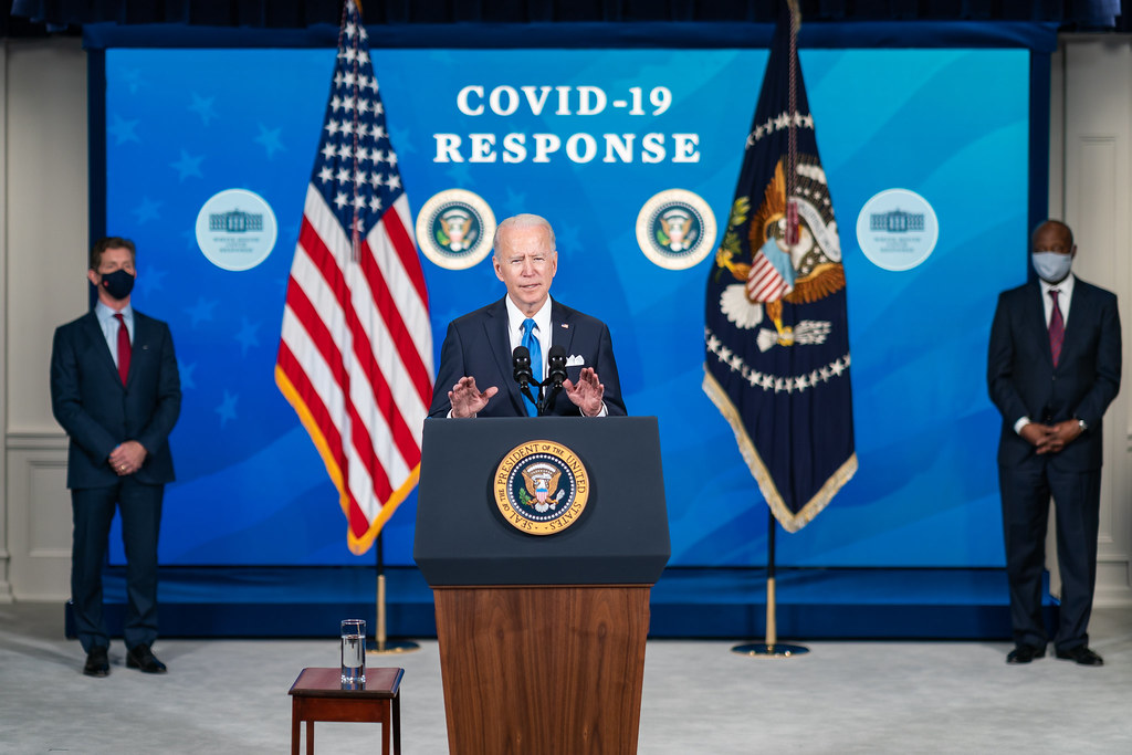 President Joe Biden, joined by Johnson & Johnson CEO Alex Gorsky and Merck CEO Ken Frazier, delivers remarks on COVID-19 vaccine production Wednesday, March 10, 2021, in the South Court Auditorium in the Eisenhower Executive Office Building at the White House. (Official White House Photo by Adam Schultz)