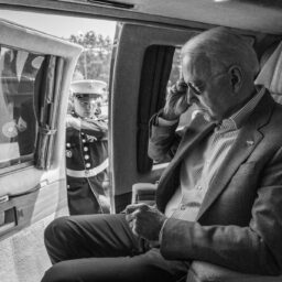 A U.S. Marine opens the door as President Joe Biden prepares to disembark Marine One, Saturday, July 3, 2021, at Antrim County Airport in Bellaire, Michigan. (Official White House Photo by Adam Schultz)