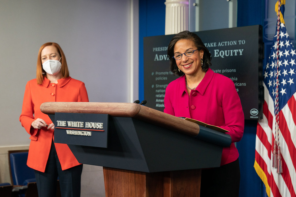 White House Press Secretary Jen Psaki looks on as Domestic Policy Advisor Susan Rice delivers remarks during a briefing Tuesday, Jan. 26, 2021, in the James S. Brady Press Briefing Room of the White House. (Official White House Photo by Chandler West)