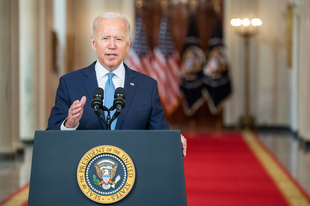 President Joe Biden delivers remarks on ending the war in Afghanistan, Tuesday, August 31, 2021, in front of the Cross Hall of the White House. (Official White House Photo by Adam Schultz)