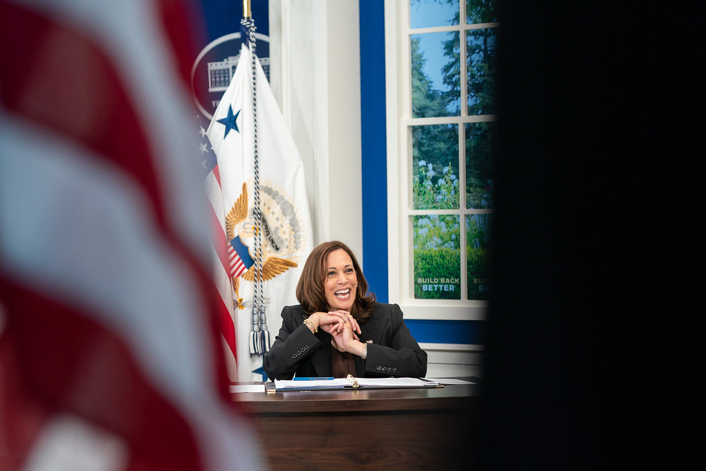 Vice President Kamala Harris participates in a Build Back Better virtual event with mayors from across the country Thursday, October 28, 2021, in the South Court Auditorium in the Eisenhower Executive Office Building at the White House. (Official White House Photo by Lawrence Jackson)