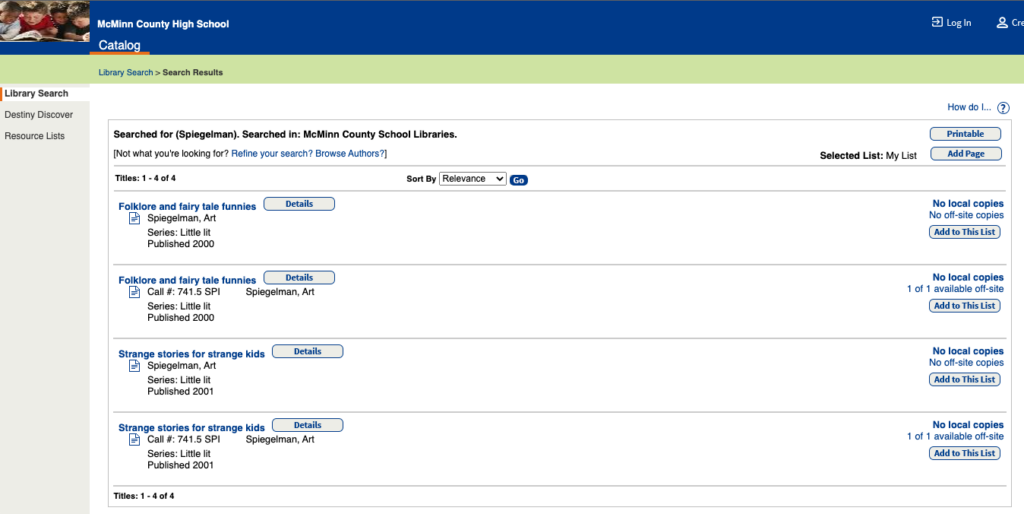 [Image of library catalog search containing no entries for Maus.