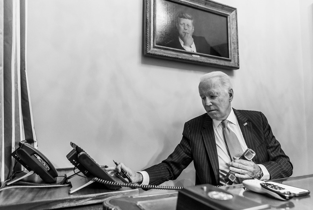 President Joe Biden calls New Jersey Governor Phil Murphy, Wednesday, November 3, 2021, in the Oval Office Study. (Official White House Photo by Adam Schultz)