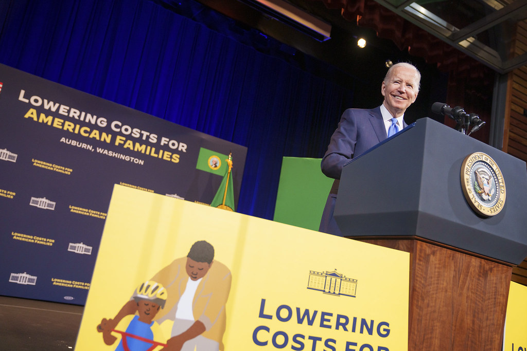 President Joe Biden delivers remarks on lowering the cost for American families Friday, April 22, 2022, at Green River College in Auburn, Washington. (Official White House Photo by Adam Schultz)