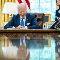 President Joe Biden talks on the phone with House Speaker Nancy Pelosi (D-Calif.) and Majority Leader Chuck Schumer (D-N.Y.), Monday, May 9, 2022, in the Oval Office. (Official White House Photo by Adam Schultz)