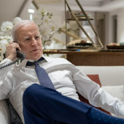 President Joe Biden speaks on the phone with EPA Administrator Michael Regan and Ohio Governor Mike DeWine about the toxic train derailment in East Palestine, Ohio, Tuesday, February 21, 2023, at the Warsaw Marriott Hotel.