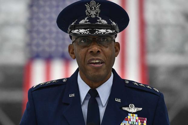 Air Force Chief of Staff Gen. Charles Q. Brown Jr. delivers remarks during a transition ceremony at Joint Base Andrews, Md., Aug. 14, 2020. (U.S. Air Force/Eric Dietrich)