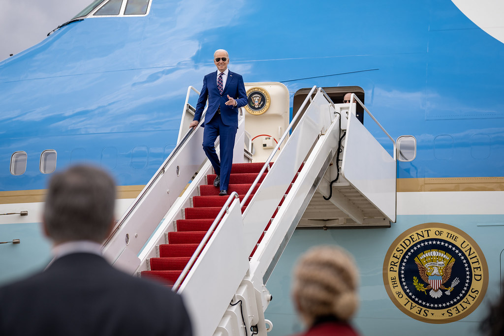 President Joe Biden disembarks Air Force One, Tuesday, March 28, 2023, at Raleigh-Durham International Airport in Morrisville, North Carolina.