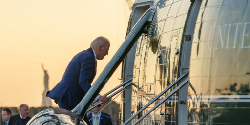 President Joe Biden boards Marine One at the Wall Street Landing Zone in Manhattan, Wednesday, September 20, 2023 en route to JFK International Airport in Queens, New York. The Statue of Liberty can be seen in the background.