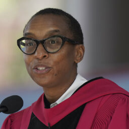 Claudine Gay addresses an audience during commencement ceremonies, Thursday, May 25, 2023, on the Harvard campus, in Cambridge, Mass.