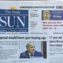 [Sarasota The Daily Sun front page from 1/5/24 with two headlines: - Proposal would lower gun-buying age and -17 year old opens fire on an Iowa School