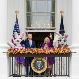 President Joe Biden and First Lady Jill Biden deliver remarks at the White House Easter Egg Roll from the Blue Room Balcony, Monday, April 18, 2022