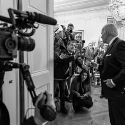 President Joe Biden talks to reporters as he departs an event with attendees from the U.S. Conference of Mayors Winter Meeting, Friday, January 20, 2023, in the East Room of the White House.