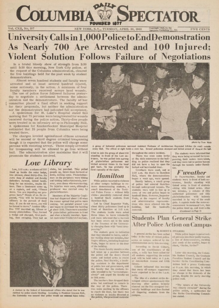Front page of the April 30th 1968 Columbia [University] Spectator.